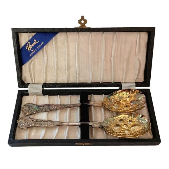 Raimond Sheffield England Serving Salad Spoon Fork Silver Plate Kings Fruit Vtg. - Picture 13 of 16